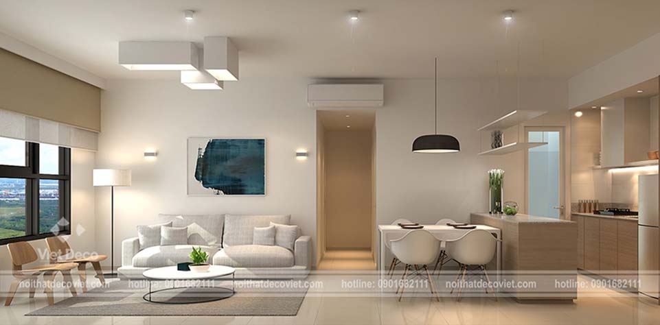 Thiết kế nội thất chung cư phong cách tối giản với tông màu chủ đạo là be, vàng nhạt.  Sự giản đơn thể hiện qua từng đường nét, đồ dùng sử dụng. Trông đơn giản mà không kém phần hiện đại, sang trọng.